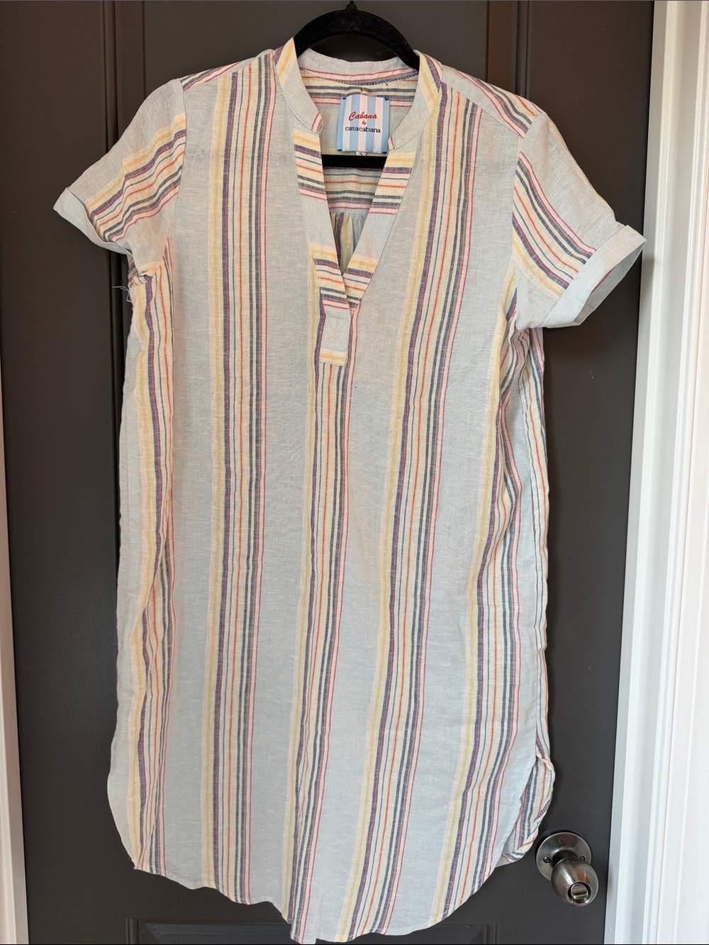 Cabana Striped V-Neck Midi Dress in Light Gray with Multicolor Stripes Size S